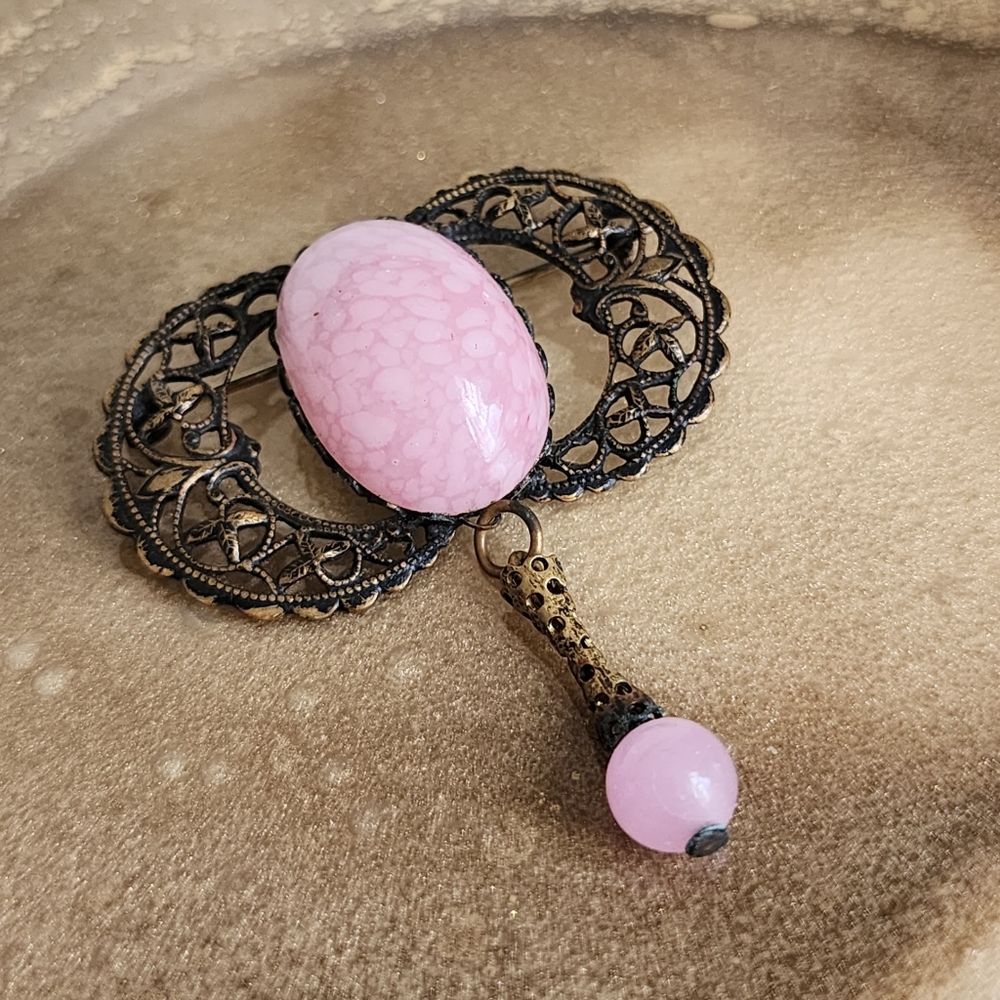 Vintage Brass Milky Pink Cabochon Dangling Brooch Pin